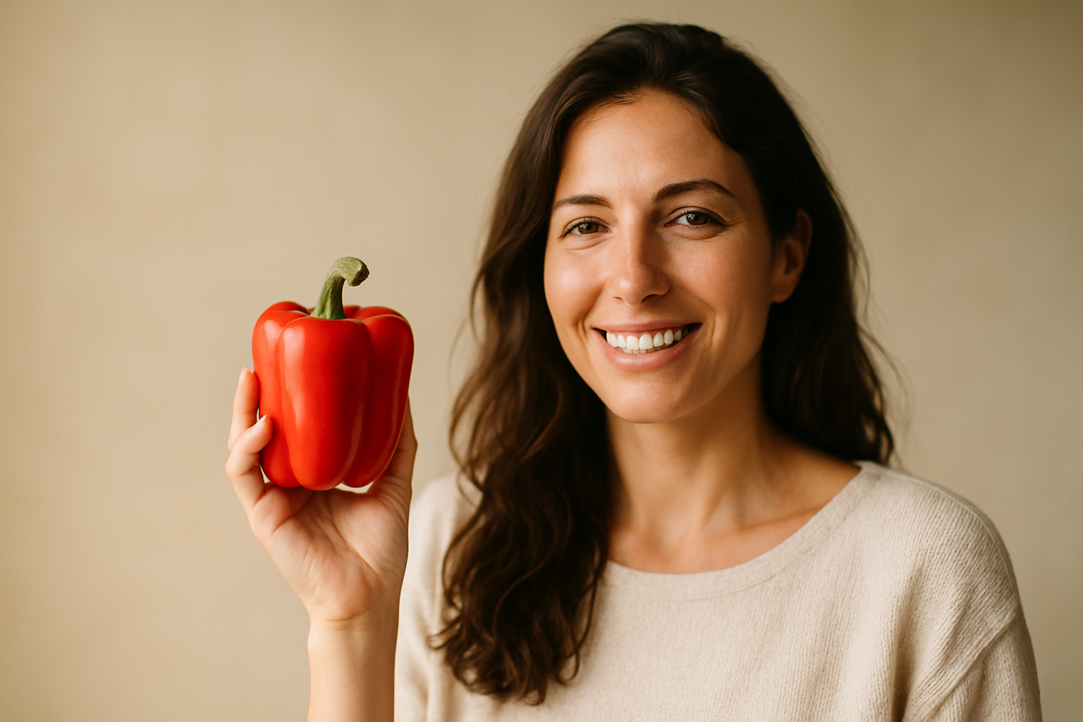 אישה מחזיקה פלפל אדום, באנר למאמר תזונה לצמיחת שיער